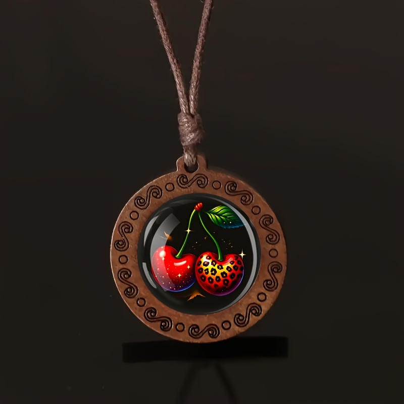 Wood Leopard Print Cherry Necklace, Minimalist Retro Pendant